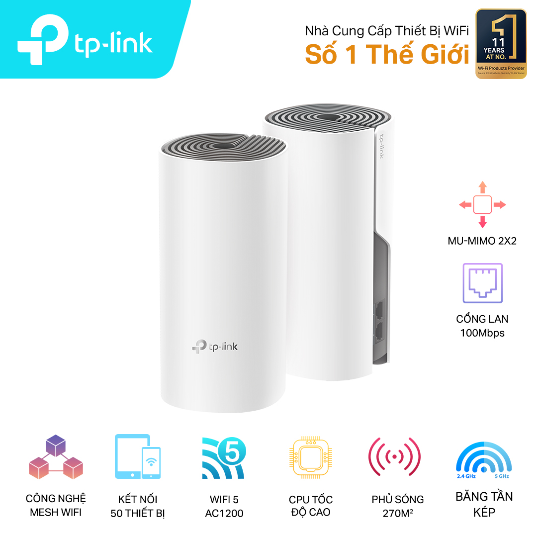 Bộ phát wifi TP-Link Deco E4 2-Pack (Chuẩn AC/ AC1200Mbps/ 2 Ăng-ten ngầm/ Wifi Mesh/ 55 User)
