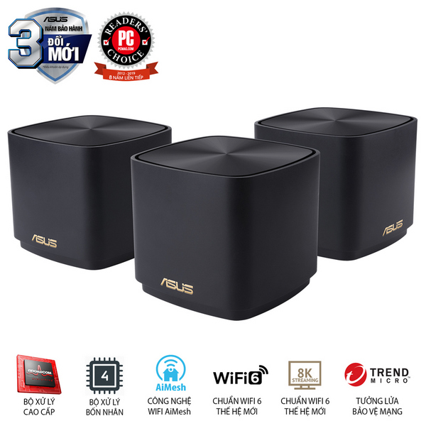 Bộ phát wifi 6 Asus ZenWiFi XD4S 3-Pack Đen (Chuẩn AX/ AX1800Mbps/ Ăng-ten ngầm/ Wifi Mesh/ 45User)
