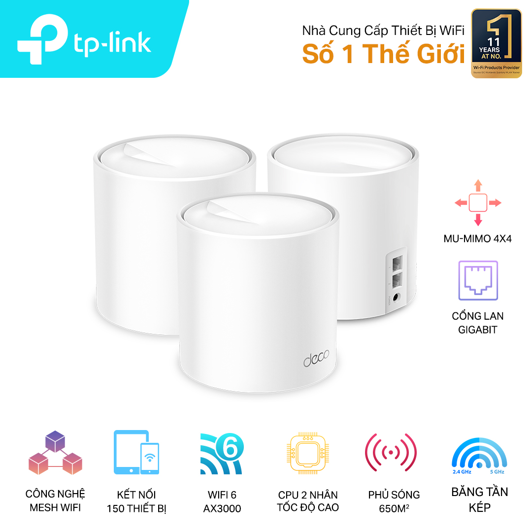 Bộ phát wifi 6 TP-Link Deco X60 3-Pack (Chuẩn AX/ AX5400Mbps/ 4 Ăng-ten ngầm/ Wifi Mesh/ Dưới 100 User)