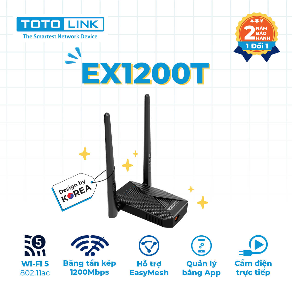 Bộ mở rộng sóng wifi Totolink EX1200T (Chuẩn AC/ AC1200Mbps/ 2 Ăng-ten ngoài)