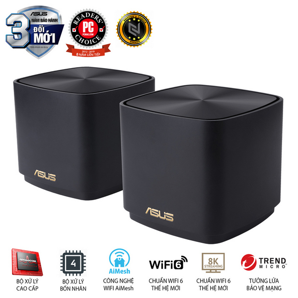 Bộ phát wifi 6 Asus ZenWiFi XD4S/R 2-Pack Đen (Chuẩn AX/ AX1800Mbps/ Ăng-ten ngầm/ Wifi Mesh/ 45User)