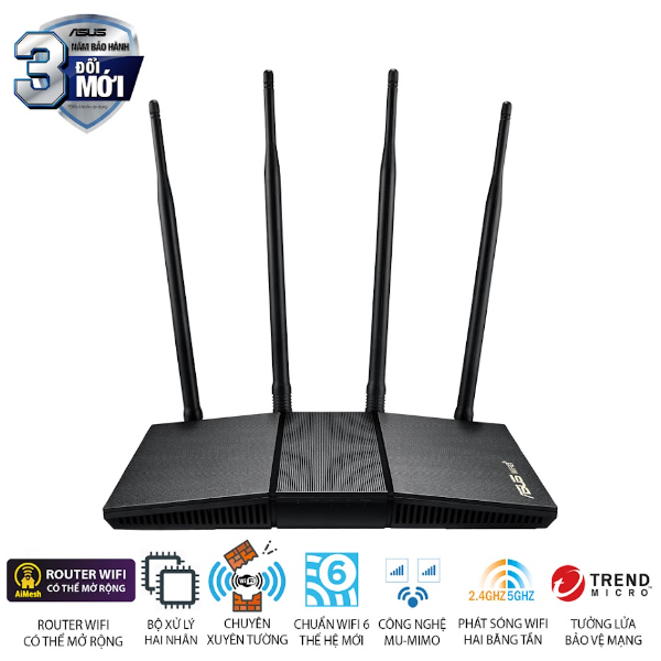 Bộ phát wifi 6 Asus RT-AX1800HP MU-MIMO V2 (Chuẩn AX/ AX1800Mbps/ 4 Ăng-ten ngoài/ Wifi Mesh/ 35 User)