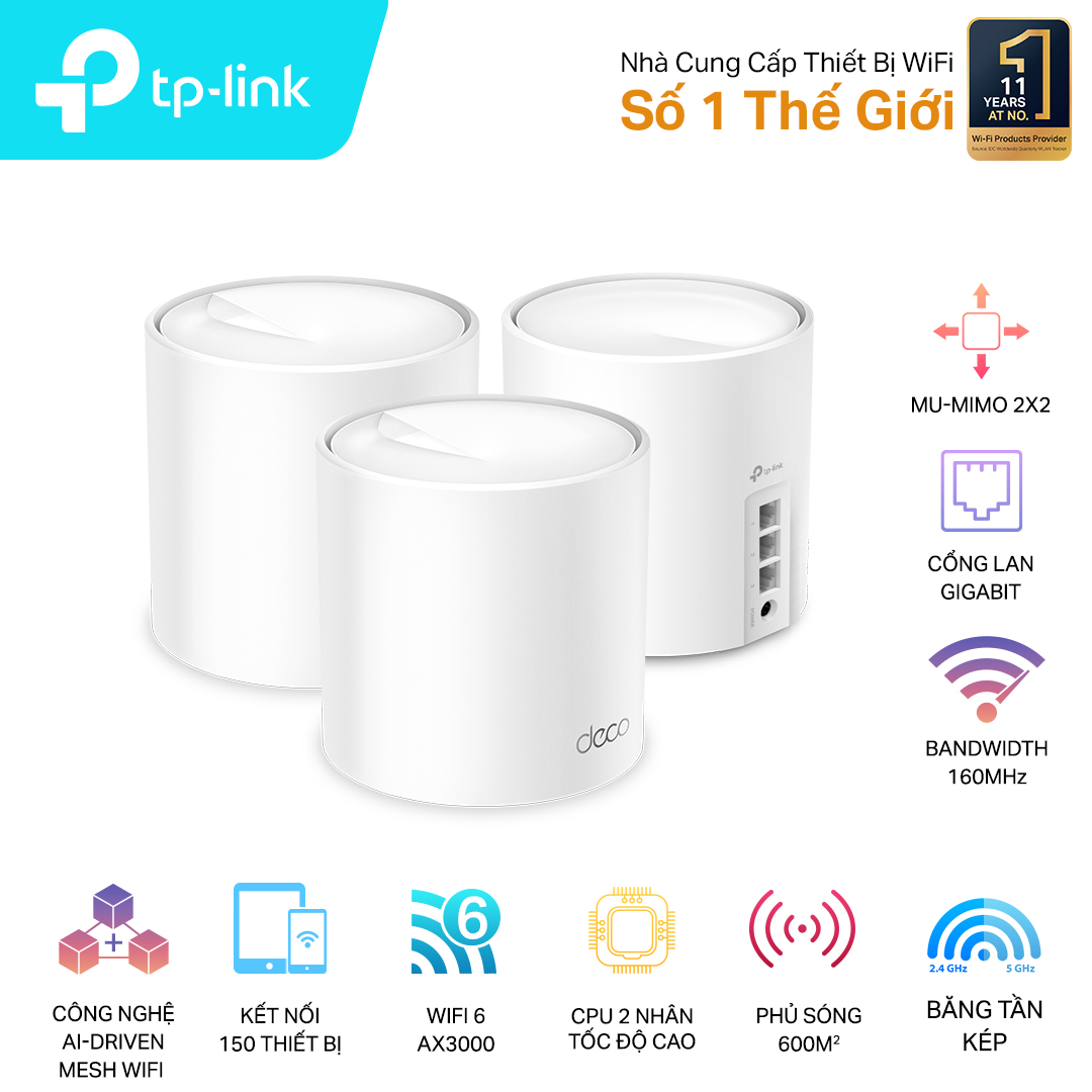 Bộ phát wifi 6 TP-Link Deco X50 3-Pack (Chuẩn AX/ AX3000Mbps/ 2 Ăng-ten ngầm/ Wifi Mesh/ Dưới 100 User)