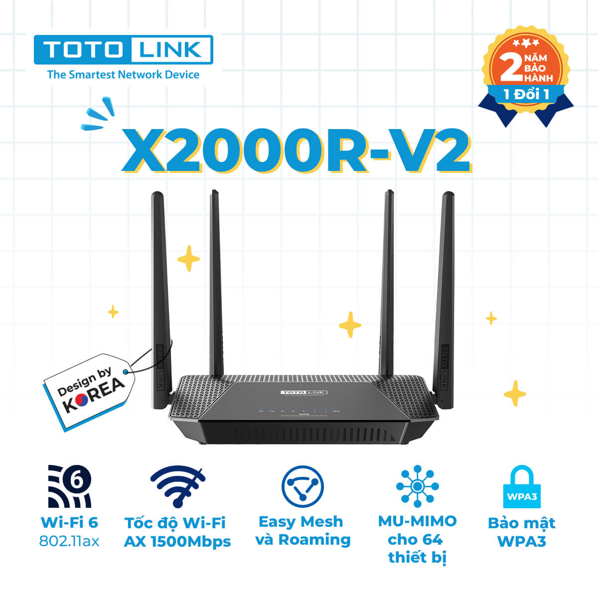Bộ phát wifi 6 Totolink X2000R (Chuẩn AX/ AX1500Mbps/ 4 Ăng-ten ngoài/ Wifi Mesh/ 64 User)