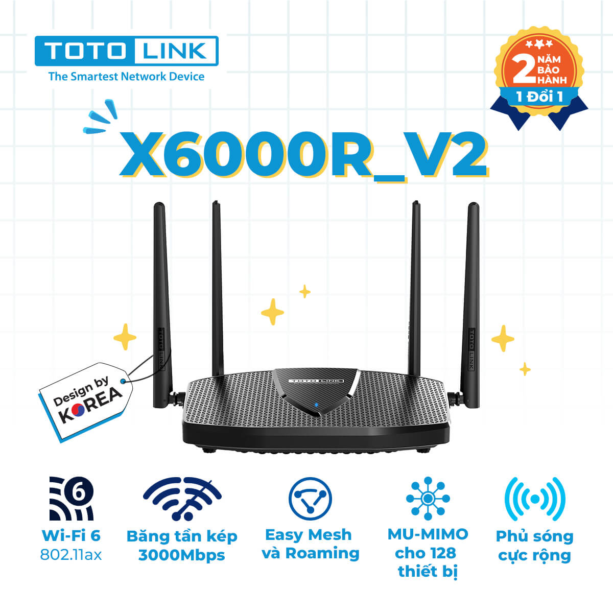 Bộ phát wifi 6 Totolink X6000R MU-MIMO (Chuẩn AX/ AX3000Mbps/ 4 Ăng-ten ngoài/ Wifi Mesh/ Dưới 100 User)