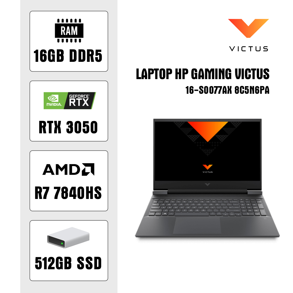 Laptop HP Gaming Victus 16-s0077AX 8C5N6PA (R7 7840HS/ 16GB/ 512GB SSD/ RTX 3050 6Gb/ 16.1 inch FHD/ 144Hz/ Win11/ Black)