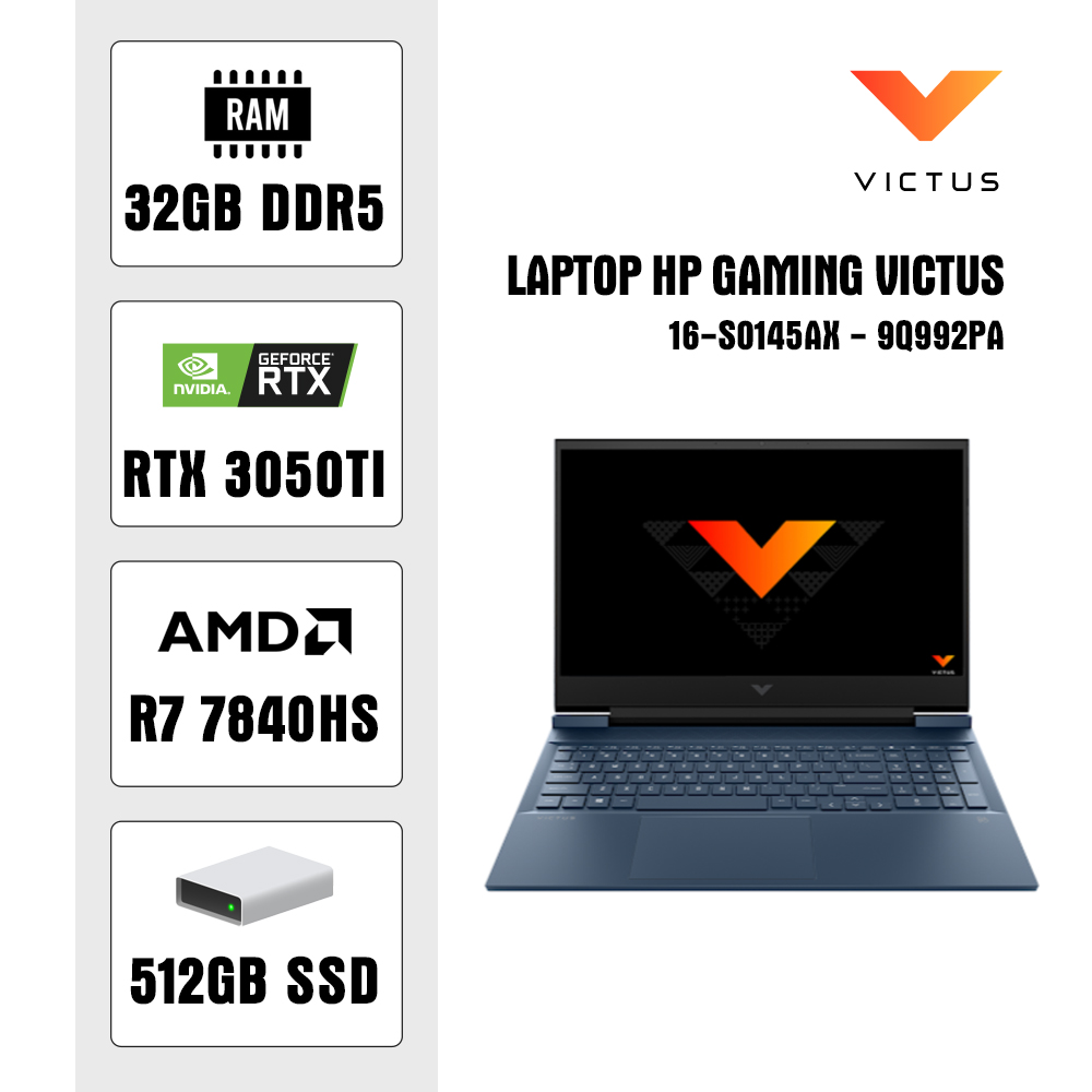 Laptop HP Gaming Victus 16-s0145AX - 9Q992PA (R7 7840HS/ 32GB/ 512GB SSD/ RTX 3050 6Gb/ 16.1 inch FHD/ 144Hz/ Win11/ Xanh)