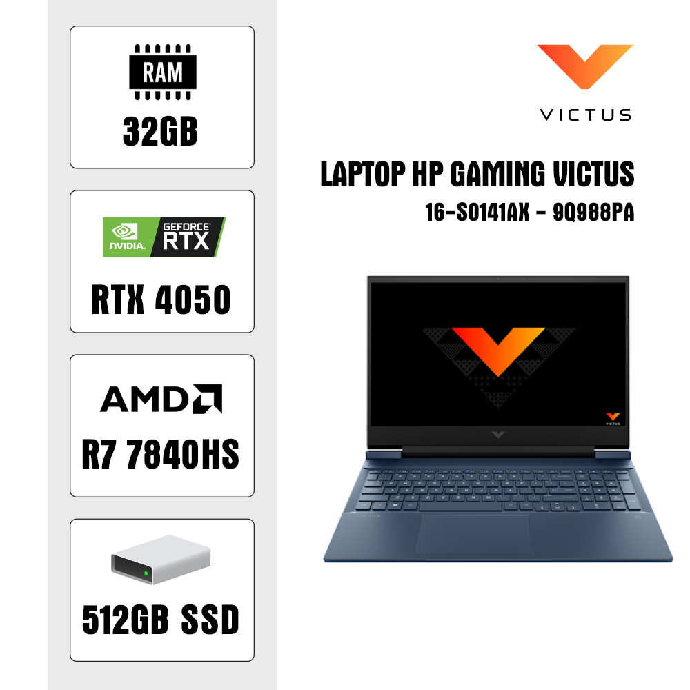 Laptop HP Gaming Victus 16-s0141AX - 9Q988PA (R7 7840HS/ 32GB/ 512GB SSD/ RTX 4050 6GB/ 16.1 inch FHD/ 144Hz/ Win11/ Xanh)