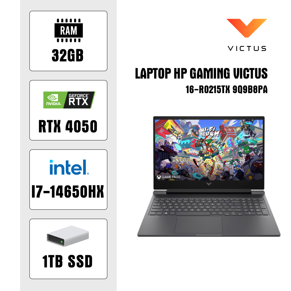 Laptop HP Gaming Victus 16-r1176TX A2NN0PA (i7 14650HX/ 32GB/ 1TB SSD/ RTX 4050 6GB/ 16.1 inch FHD/ Win11/ Silver)