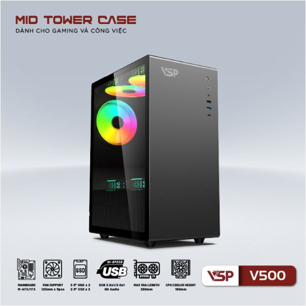 Vỏ máy tính VSP V500 - Đen (Mini Tower/ M-ATX)