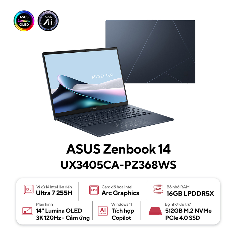 Laptop Asus Zenbook 14 UX3405CA-PZ368WS (Ultra 7 255H/ 16GB/ 512GB SSD/ 14 inch 3K Touch/ 120Hz/ Win 11/ Office/ Blue/ Vỏ nhôm)