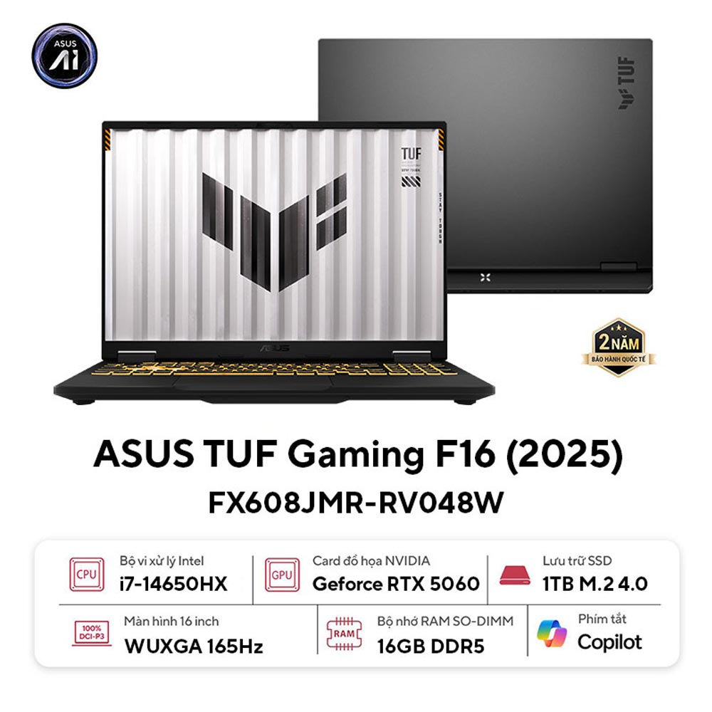 Laptop Asus TUF Gaming F16 FX608JMR-RV048W (i7 14650HX/ 16GB/ 1TB SSD/ RTX 5060 8GB/ 16 inch WUXGA/ 165Hz/ Win11/ Gray/ Vỏ nhôm)