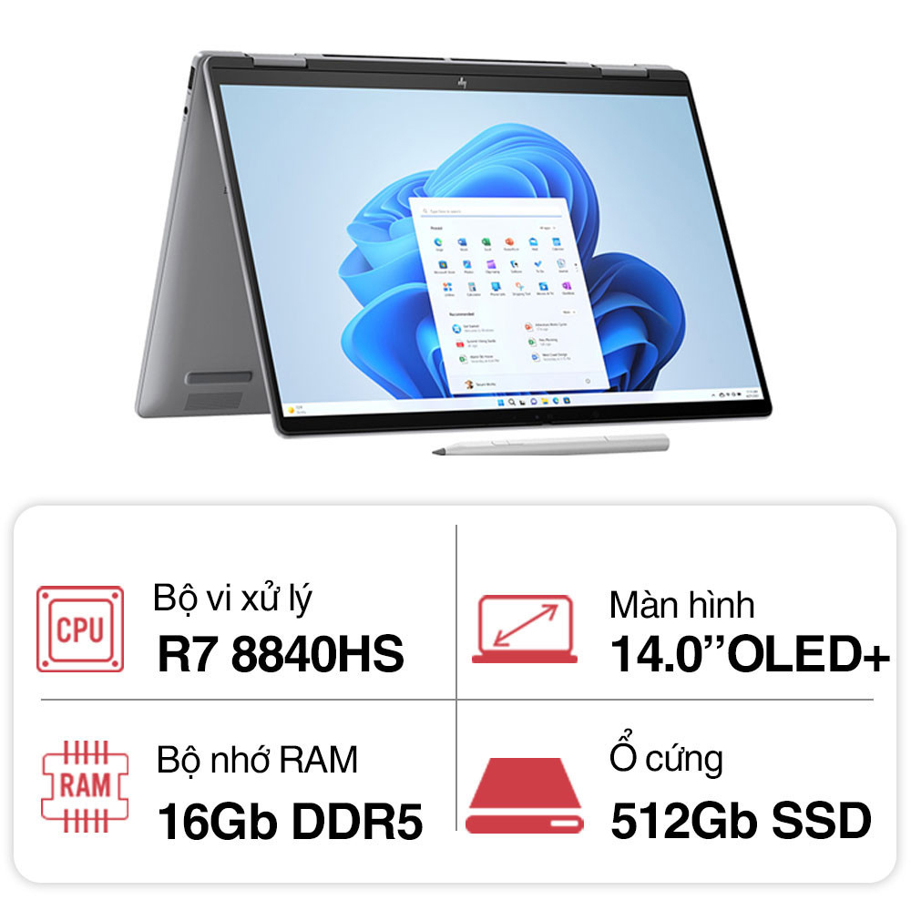 Laptop HP Envy x360 14-fa0048AU A19BQPA (R7 8840HS/ 16GB/ 512GB SSD/ 14.0inch OLED Touch/ 120Hz/ Win11/ Silver/ Vỏ nhôm/ Pen)