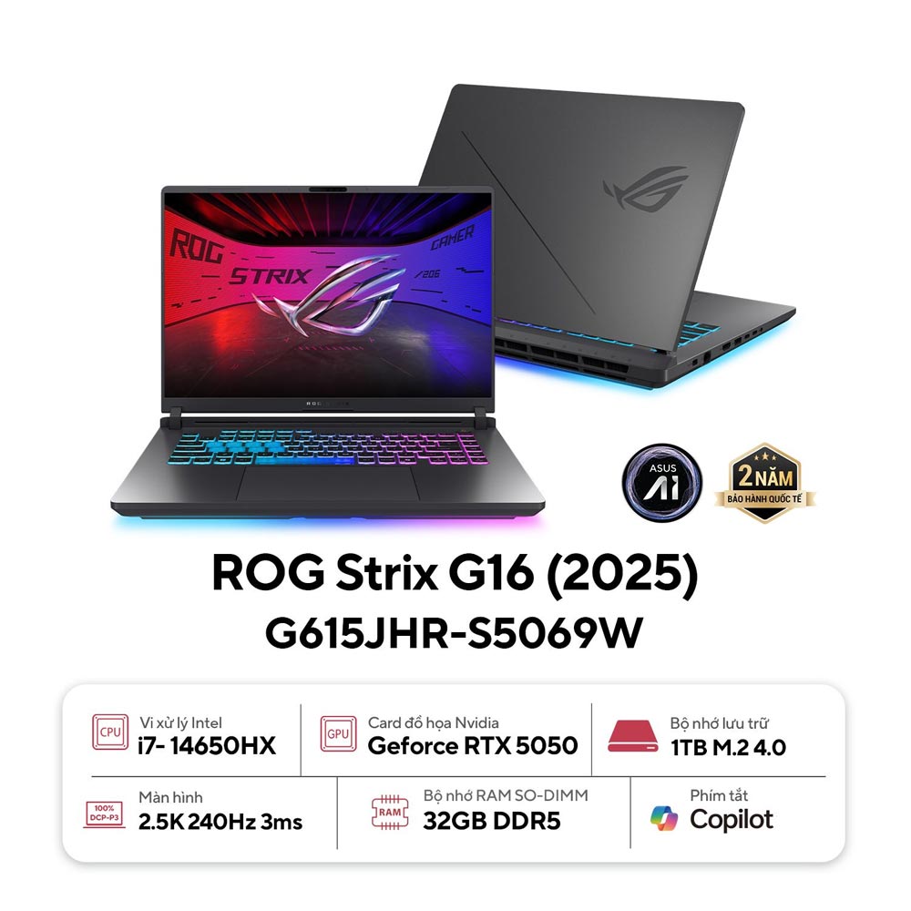 Laptop Asus Gaming ROG Strix G16 G615JHR-S5069W (i7 14650HX/ 32GB/ 1TB SSD/ RTX 5050 8GB/ 16 inch 2.5K/ 240Hz/ Win11/ Grey/ Vỏ nhôm)