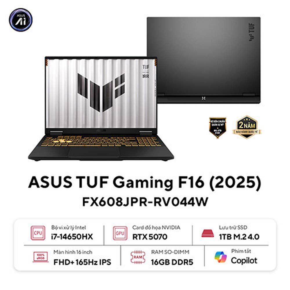 Laptop Asus TUF Gaming F16 FX608JPR-RV044W (i7 14650HX/ 16GB/ 1TB SSD/ RTX 5070 8GB/ 16 inch WUXGA/ 165Hz/ Win11/ Gray/ Vỏ nhôm)