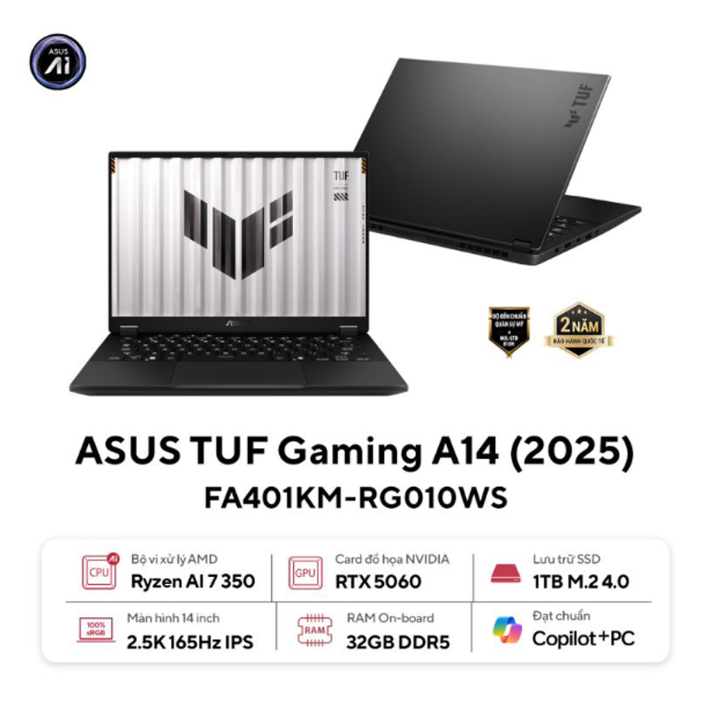 Laptop Asus TUF Gaming A14 FA401KM-RG010WS (AI 7 350/ 32GB/ 1TB SSD/ RTX 5060 8GB/ 14 inch 2.5K/ 165Hz/ Win 11/ Office/ Gray/ Vỏ nhôm)