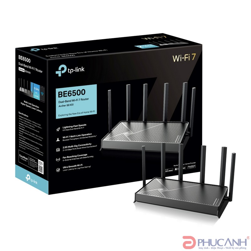 Bộ phát wifi 7 TP-Link Archer BE400 (Chuẩn BE/ 6500Mbps/ 6 Ăng-ten ngoài/ Wifi Mesh)